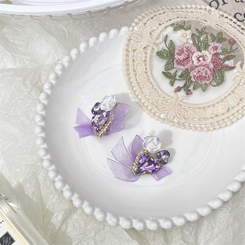 Bow Heart-Shaped Organza Rhinestone With Earrings