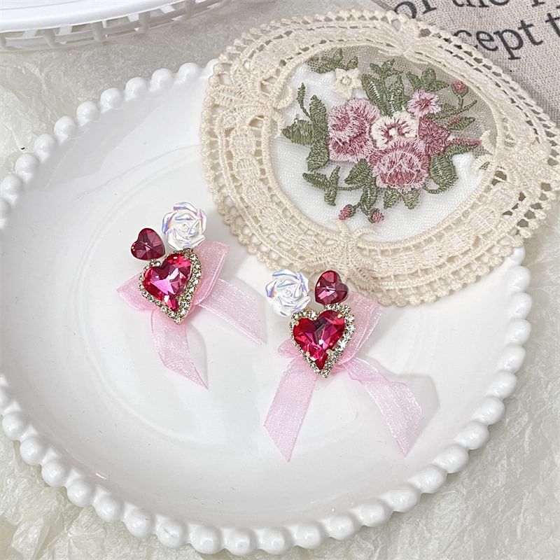 Bow Heart-Shaped Organza Rhinestone With Earrings