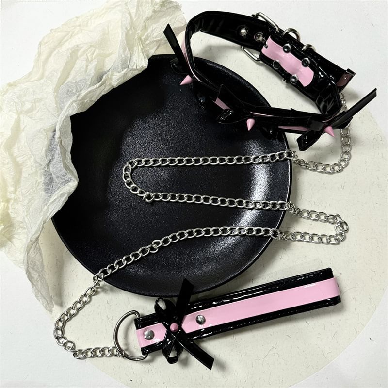 Leash Punk Leather Chain Choker Necklace And Style Faux Bow With