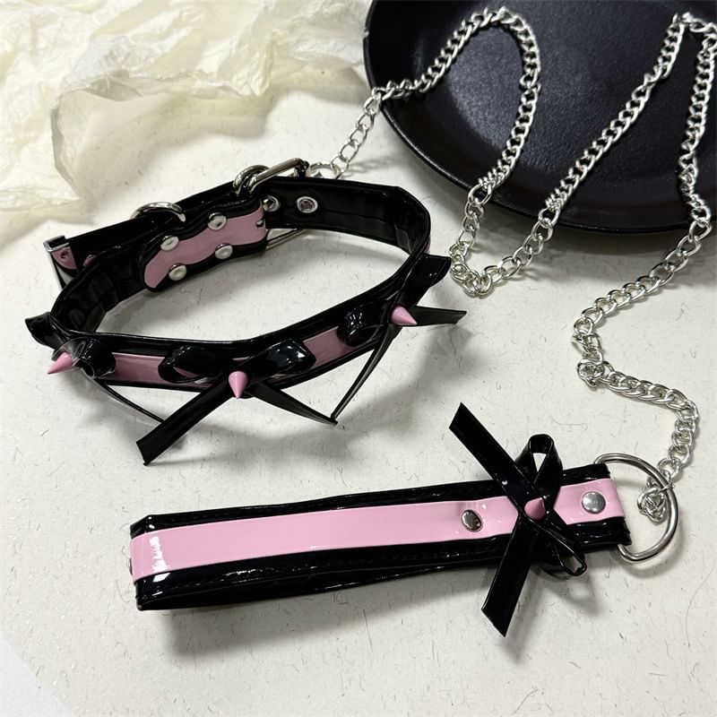Leash Punk Leather Chain Choker Necklace And Style Faux Bow With