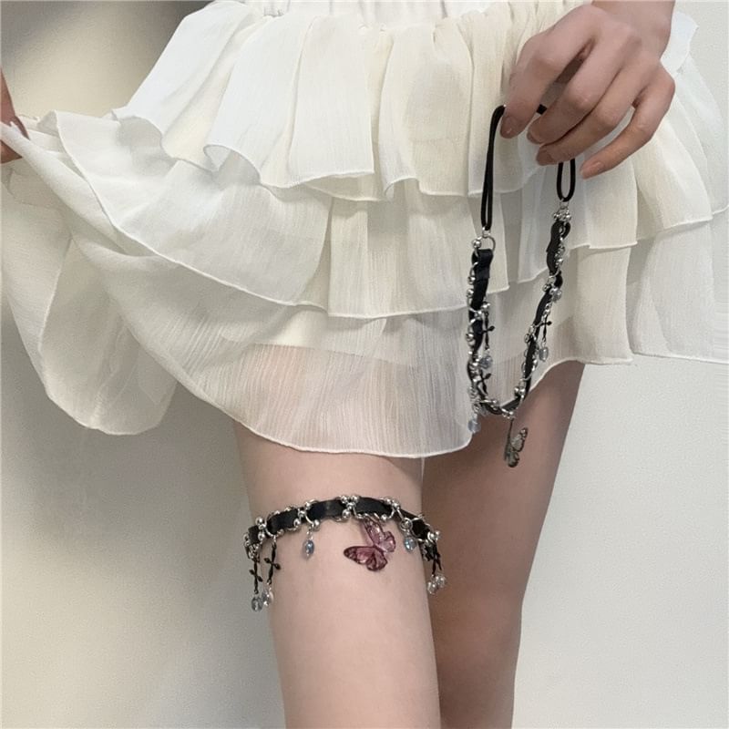 Butterfly Faux Leather Chain Crystal Thigh