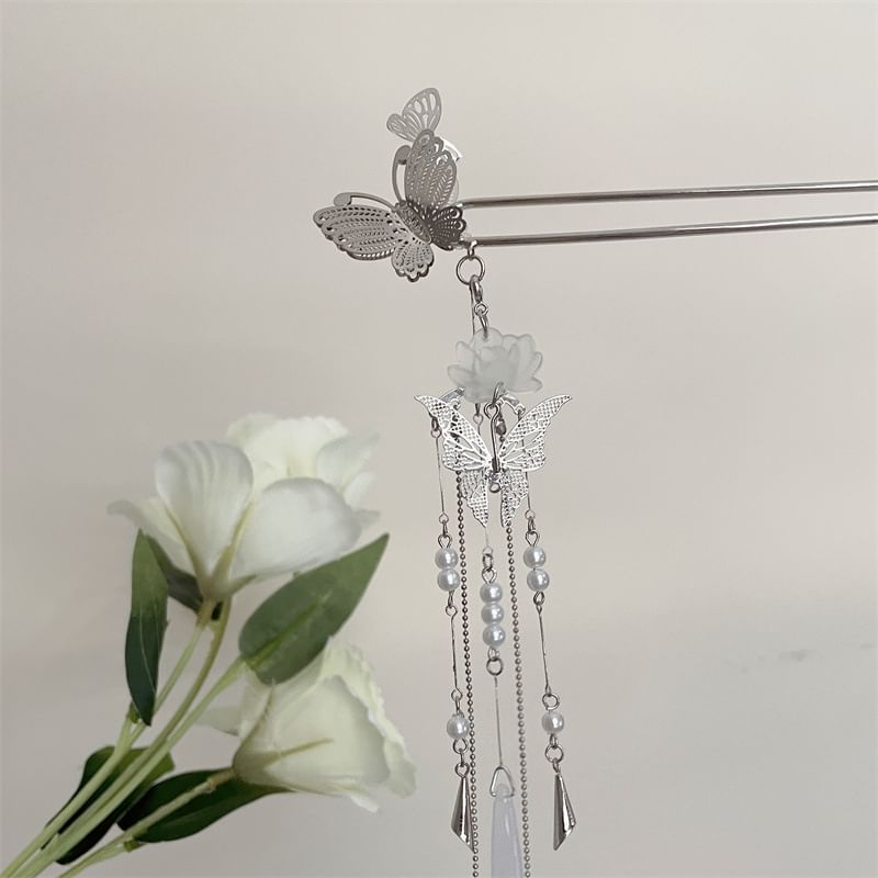 Lotus Hair Butterfly Alloy Faux Stick Pearl