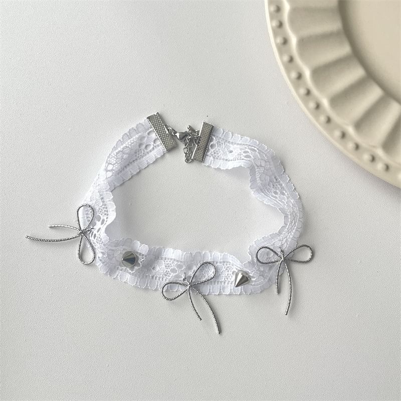 Spike Necklace Rivets White Lace Bow Choker And With