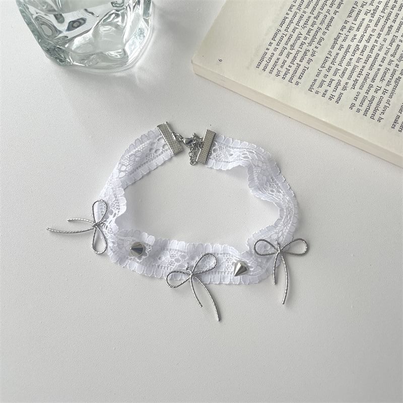 Spike Necklace Rivets White Lace Bow Choker And With