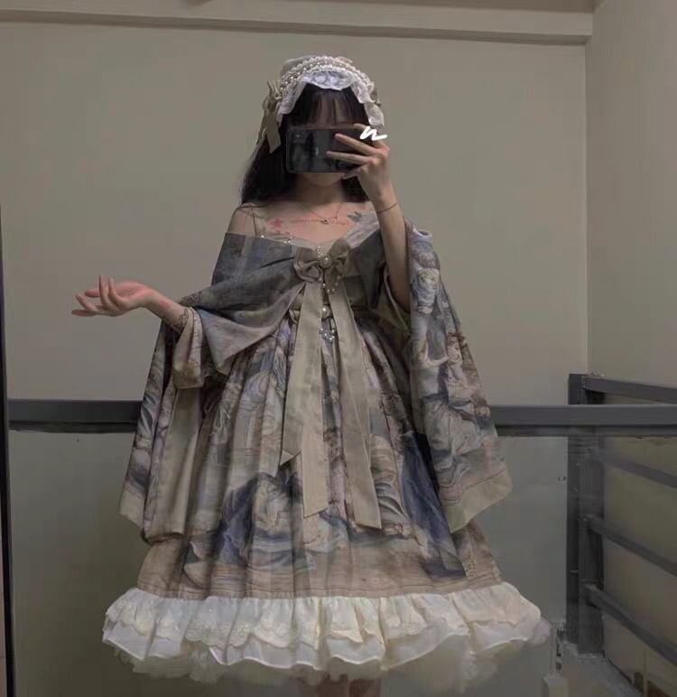 Robe trapèze longue imprimée à bretelles spaghetti Lolita / Écharpe / Ensemble