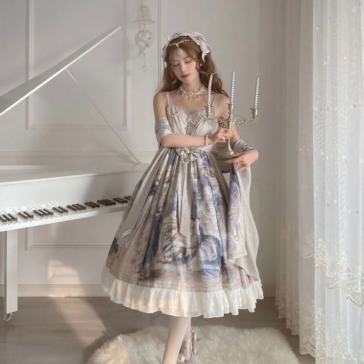 Robe trapèze longue imprimée à bretelles spaghetti Lolita / Écharpe / Ensemble