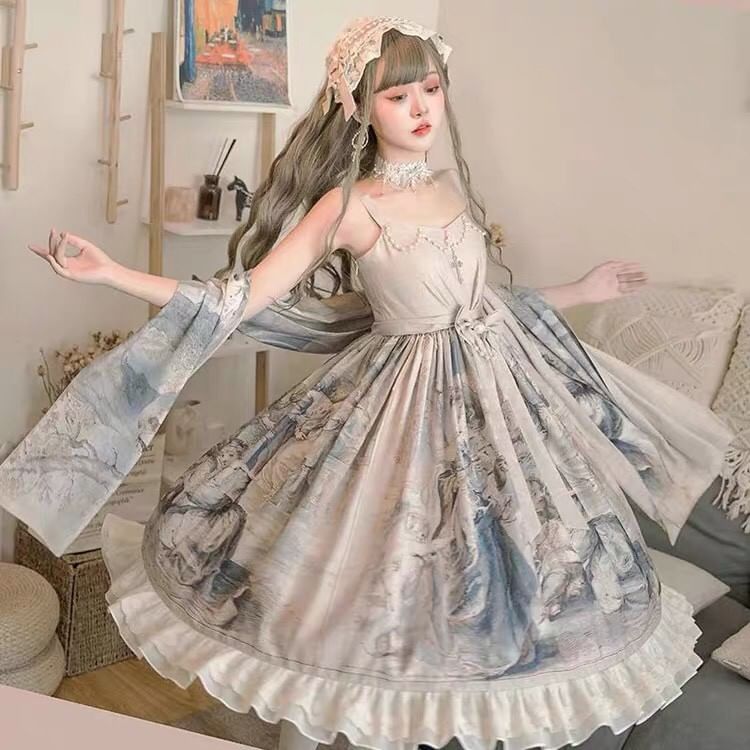 Robe trapèze longue imprimée à bretelles spaghetti Lolita / Écharpe / Ensemble