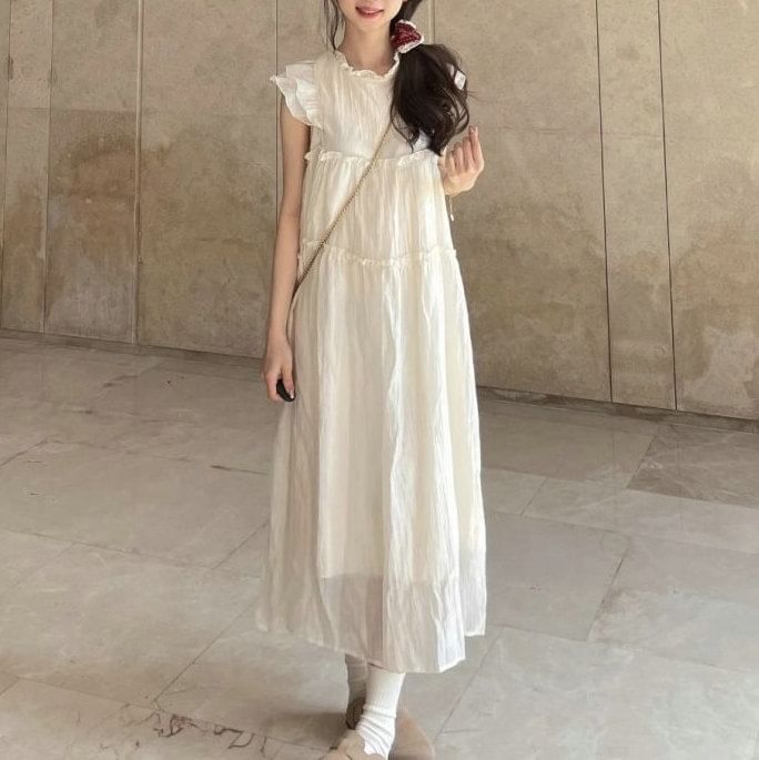 A-Line Cap-Sleeve Dress Plain Midi Sheer