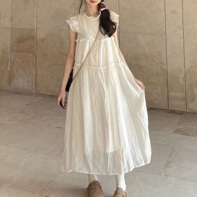 A-Line Cap-Sleeve Dress Plain Midi Sheer