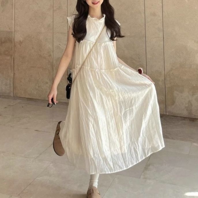 A-Line Cap-Sleeve Dress Plain Midi Sheer