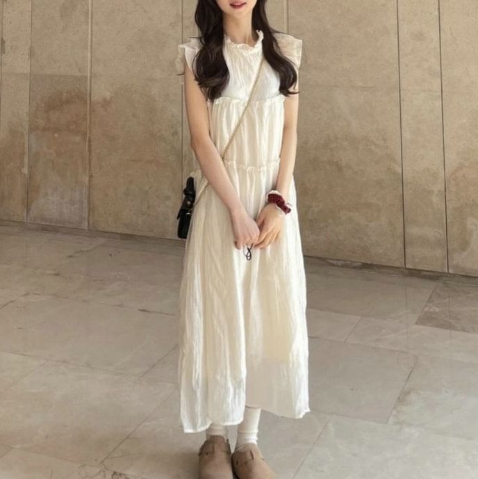 A-Line Cap-Sleeve Dress Plain Midi Sheer