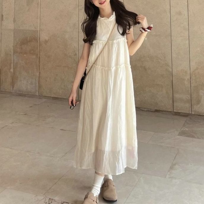 A-Line Cap-Sleeve Dress Plain Midi Sheer