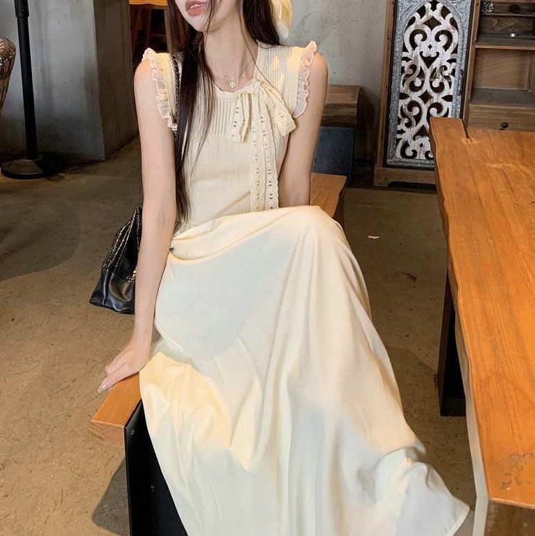 Crewneck Dress Plain Sleeveless A-Line Midi