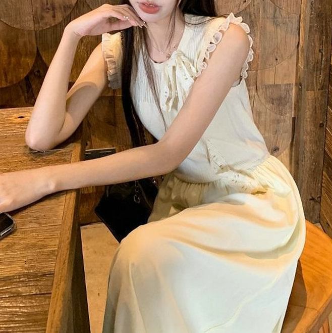 Crewneck Dress Plain Sleeveless A-Line Midi