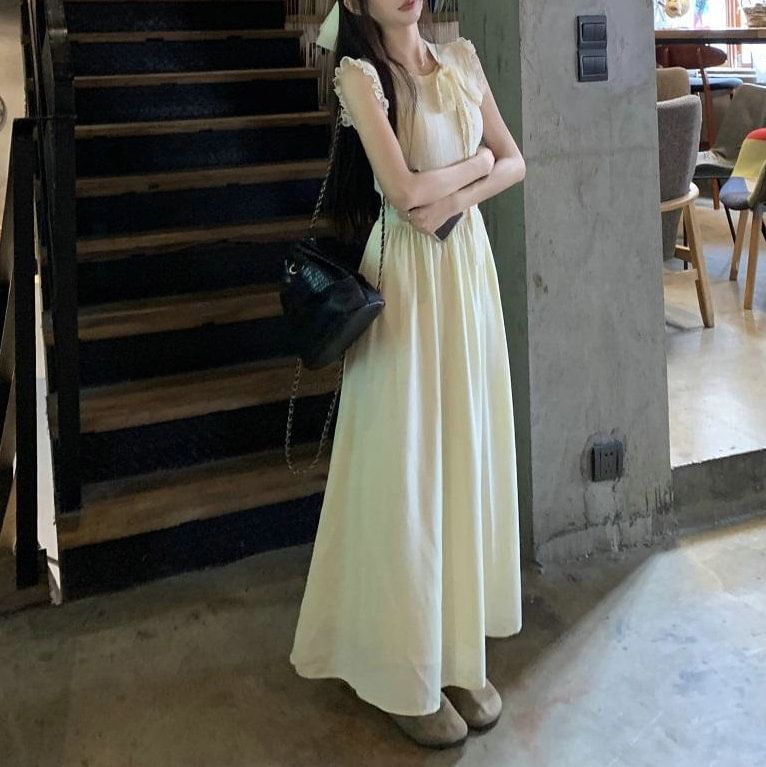 Crewneck Dress Plain Sleeveless A-Line Midi