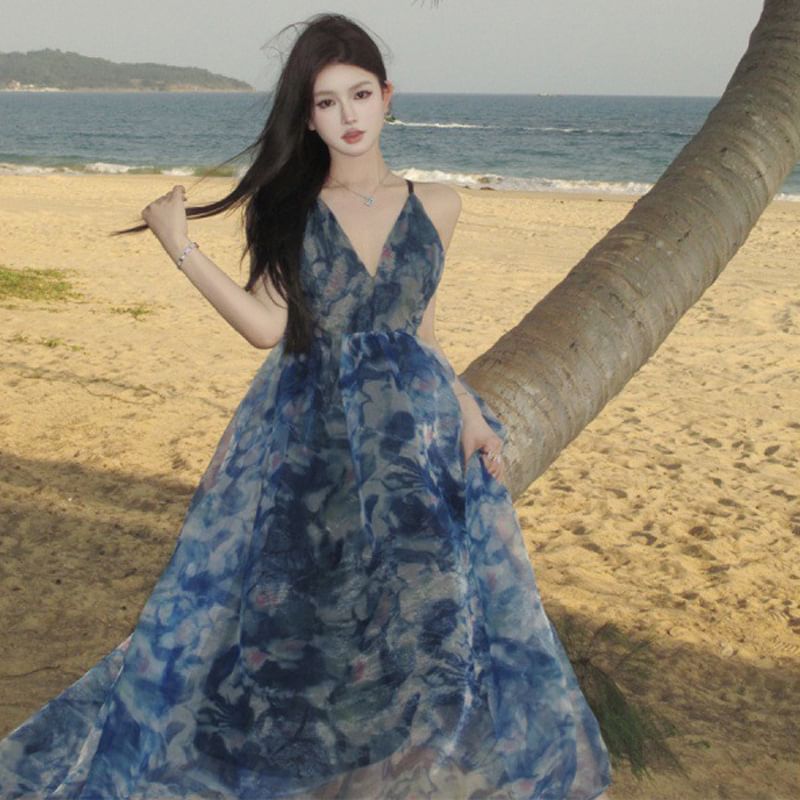 A-Line Dress Tie Maxi Strap Dye V-Neck Spaghetti Print