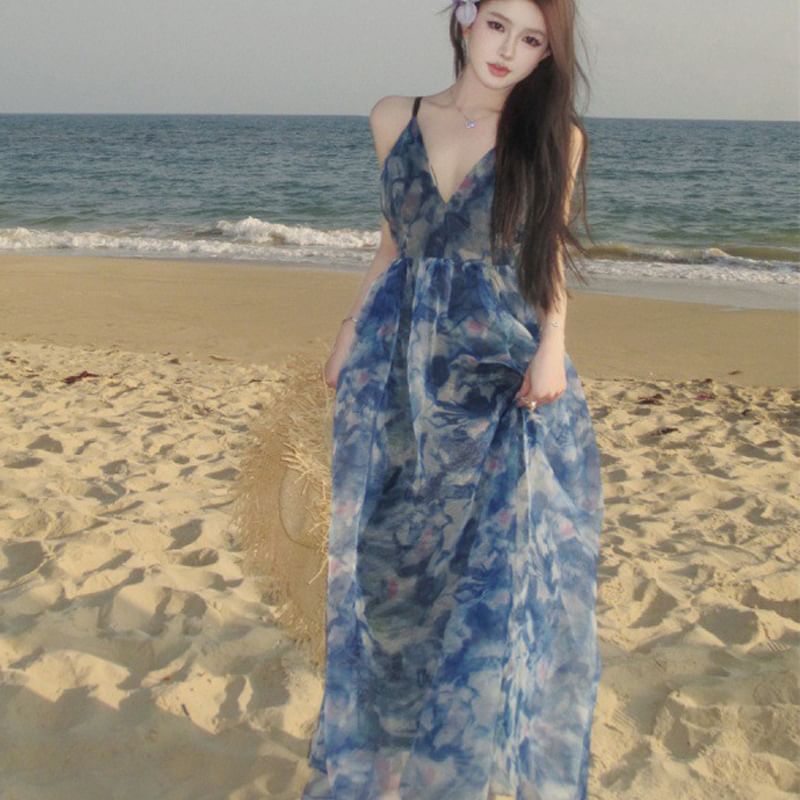 A-Line Dress Tie Maxi Strap Dye V-Neck Spaghetti Print