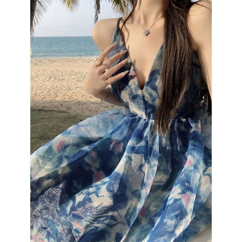 A-Line Dress Tie Maxi Strap Dye V-Neck Spaghetti Print