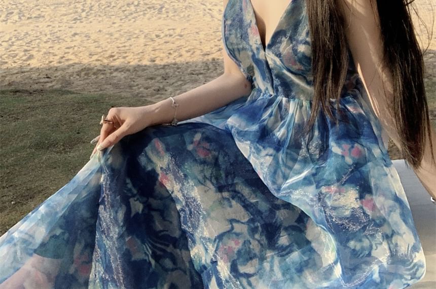 A-Line Dress Tie Maxi Strap Dye V-Neck Spaghetti Print