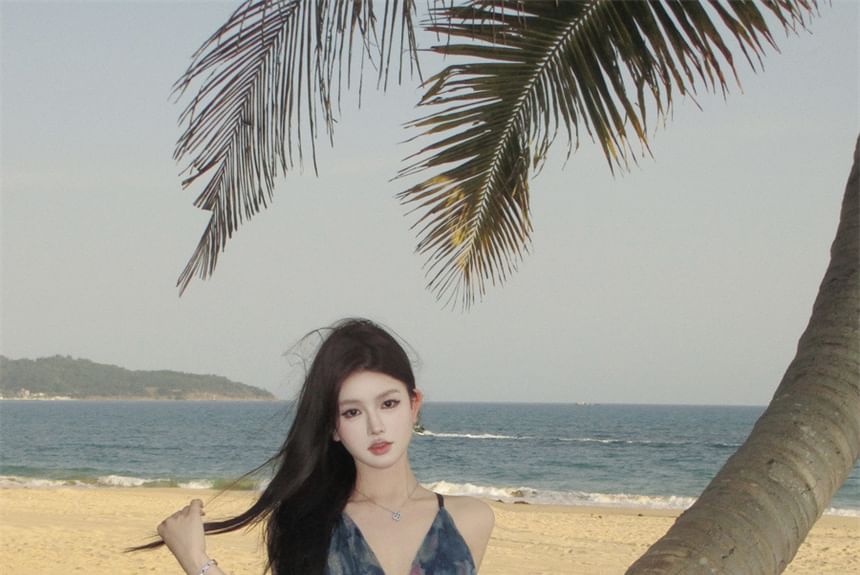 A-Line Dress Tie Maxi Strap Dye V-Neck Spaghetti Print