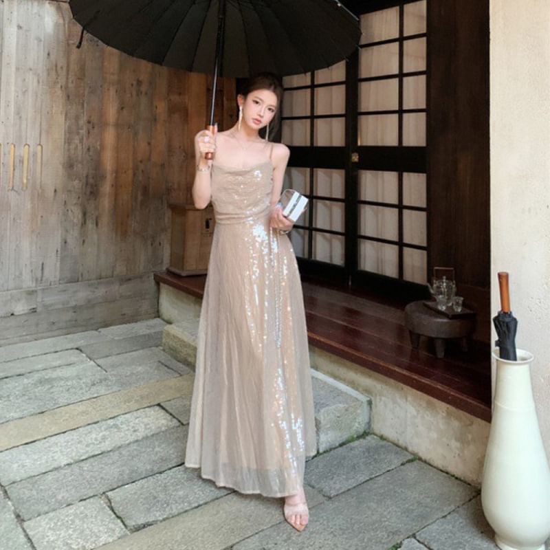 A-Line Spaghetti Maxi Strap Dress Sequin