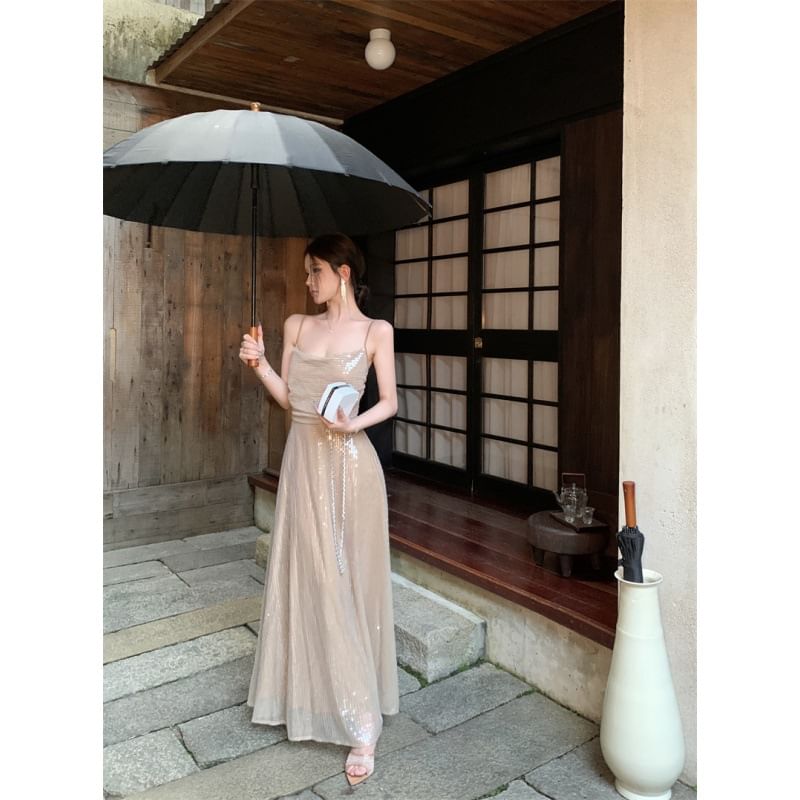 A-Line Spaghetti Maxi Strap Dress Sequin