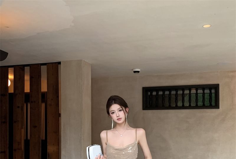 A-Line Spaghetti Maxi Strap Dress Sequin