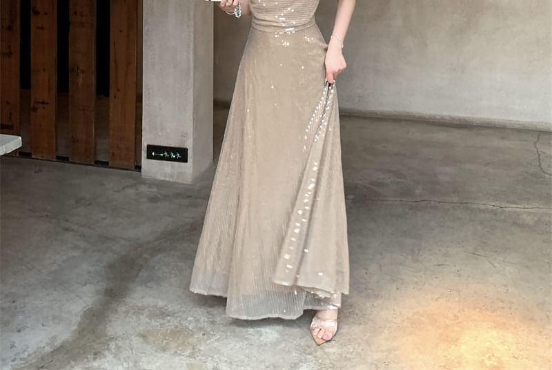 A-Line Spaghetti Maxi Strap Dress Sequin