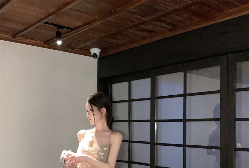 A-Line Spaghetti Maxi Strap Dress Sequin