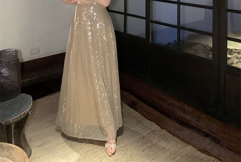 A-Line Spaghetti Maxi Strap Dress Sequin