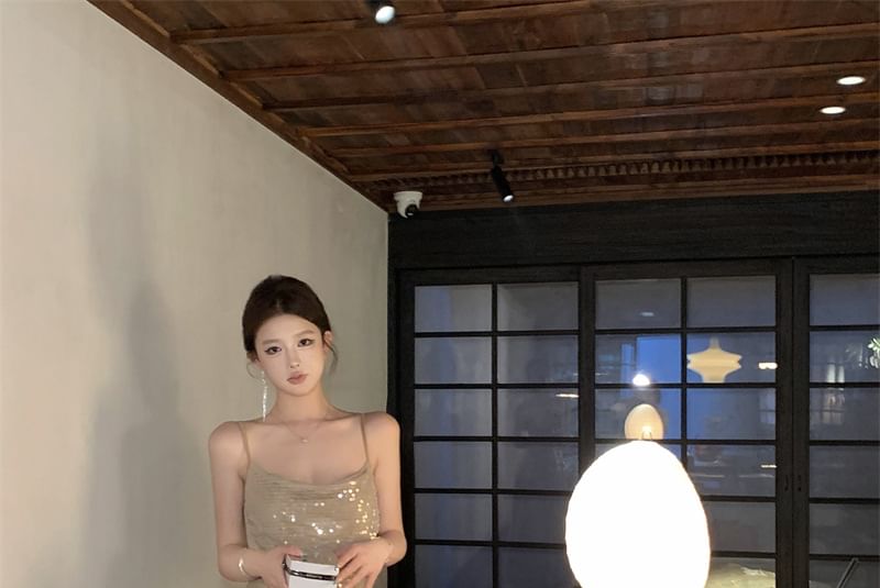 A-Line Spaghetti Maxi Strap Dress Sequin
