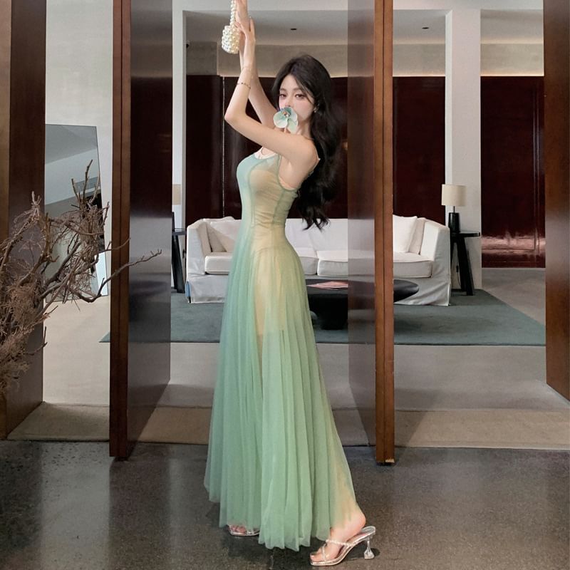 A-Line Maxi Dress Scoop Neck Sheer Strap Spaghetti