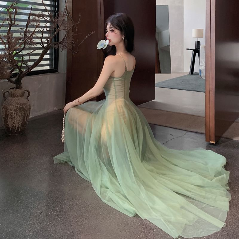 A-Line Maxi Dress Scoop Neck Sheer Strap Spaghetti