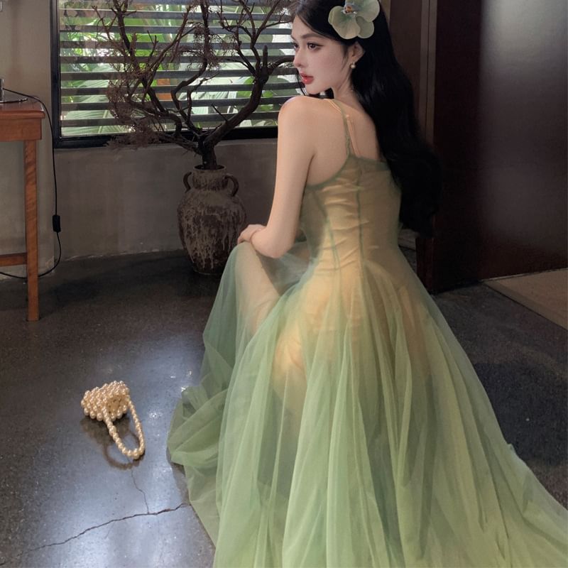 A-Line Maxi Dress Scoop Neck Sheer Strap Spaghetti