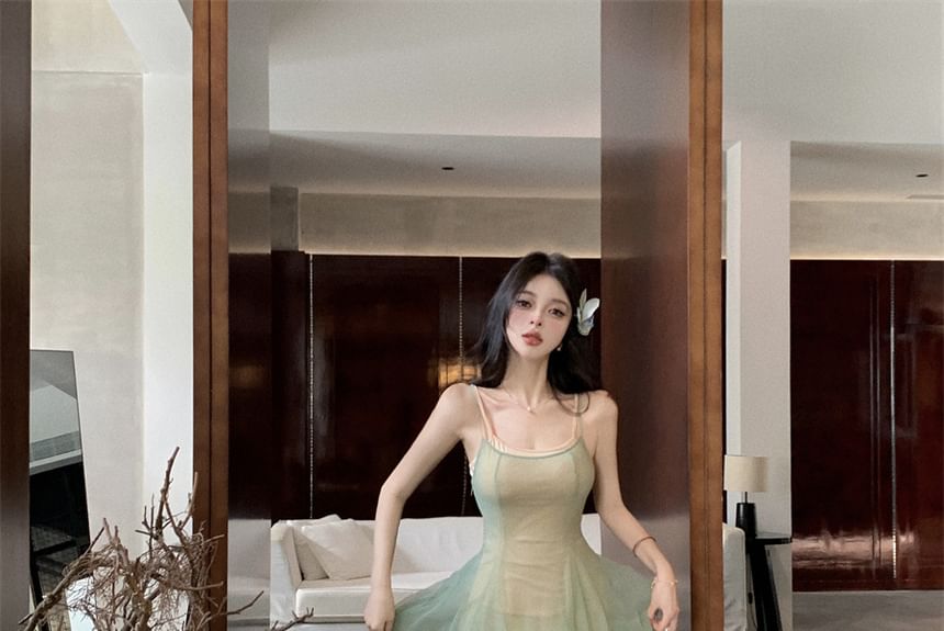 A-Line Maxi Dress Scoop Neck Sheer Strap Spaghetti