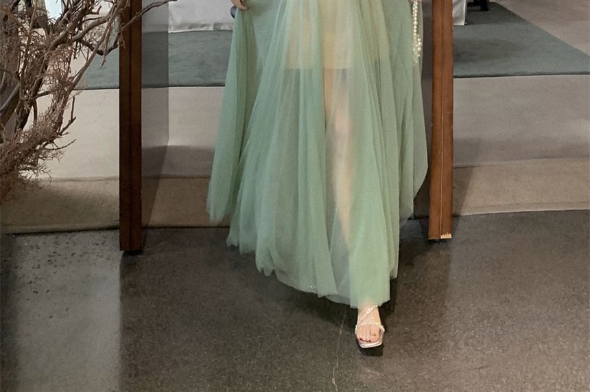 A-Line Maxi Dress Scoop Neck Sheer Strap Spaghetti