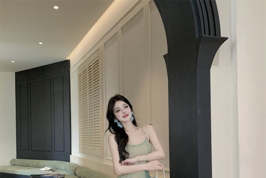 A-Line Maxi Dress Scoop Neck Sheer Strap Spaghetti