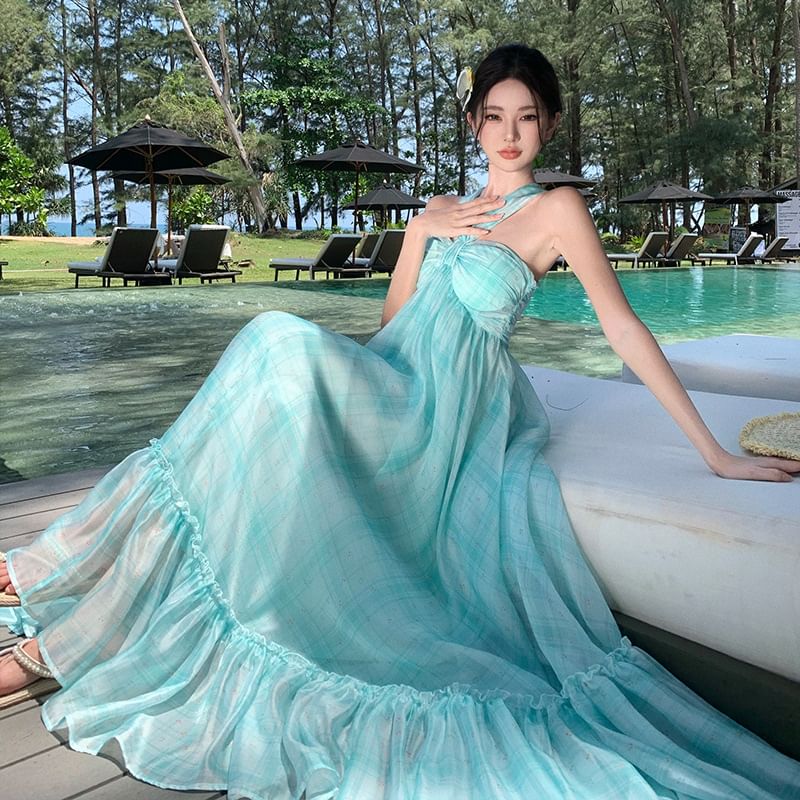 Neck Hem Dye Ruffle Dress Maxi A-Line Tie Halter
