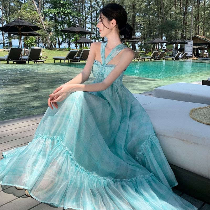 Neck Hem Dye Ruffle Dress Maxi A-Line Tie Halter