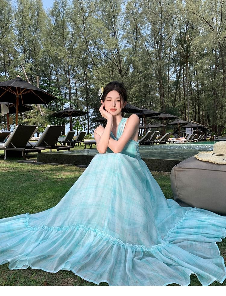 Neck Hem Dye Ruffle Dress Maxi A-Line Tie Halter