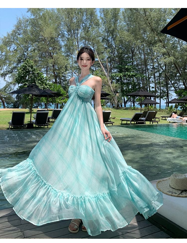 Neck Hem Dye Ruffle Dress Maxi A-Line Tie Halter