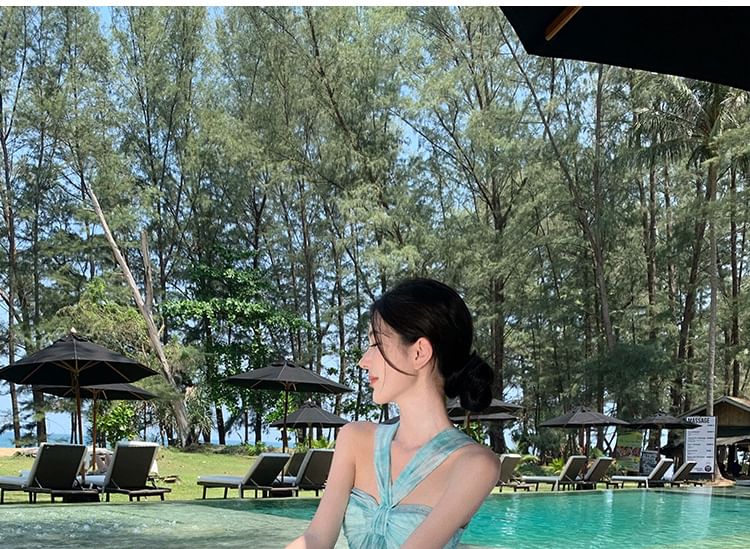 Neck Hem Dye Ruffle Dress Maxi A-Line Tie Halter