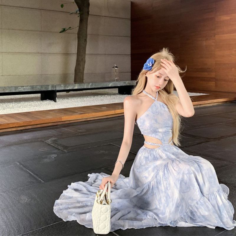 Tie Halter Cutout Spaghetti Dye A-Line Maxi Strap Dress Neck