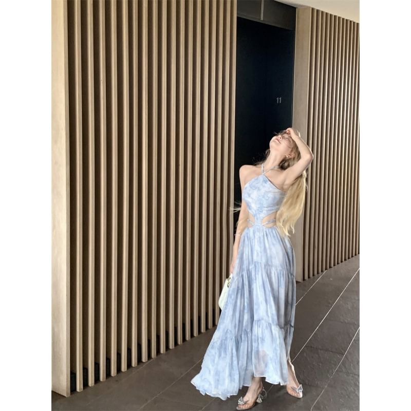 Tie Halter Cutout Spaghetti Dye A-Line Maxi Strap Dress Neck