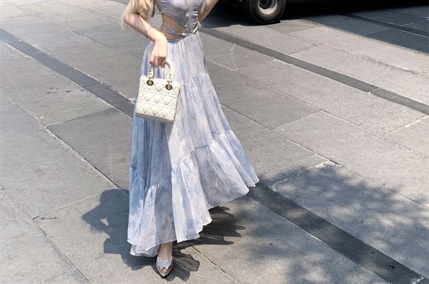 Tie Halter Cutout Spaghetti Dye A-Line Maxi Strap Dress Neck