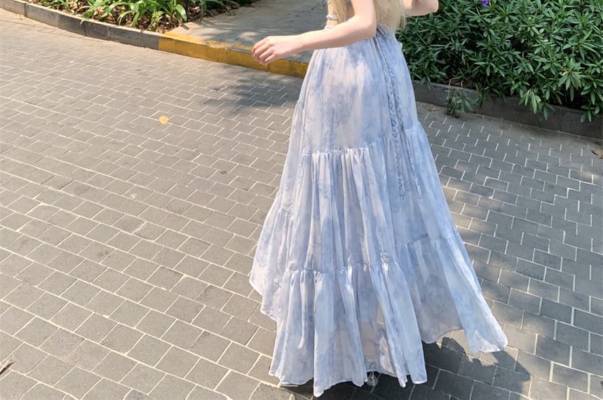 Tie Halter Cutout Spaghetti Dye A-Line Maxi Strap Dress Neck