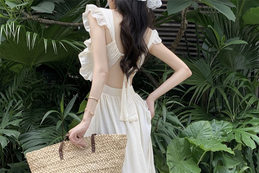 Tie Maxi Spaghetti A-Line Dress Strap Back