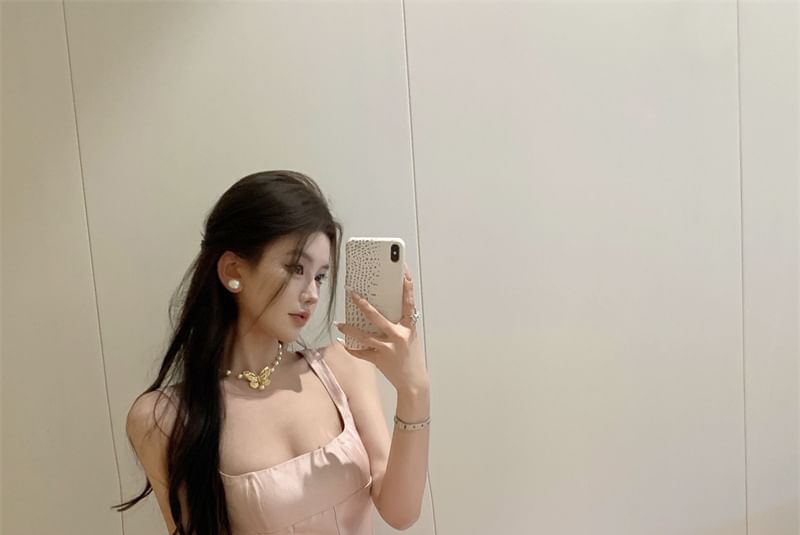 Spaghetti A-Line Evening Neck Scoop Gown Plain Strap