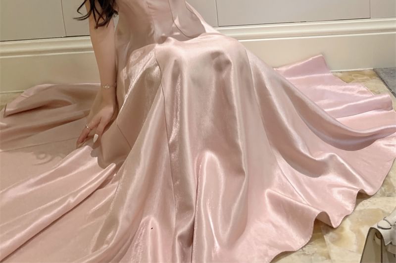 Spaghetti A-Line Evening Neck Scoop Gown Plain Strap