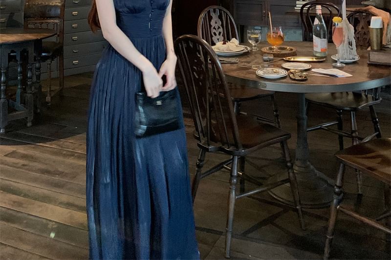 Spaghetti A-Line Plain Evening Strap V-Neck Gown